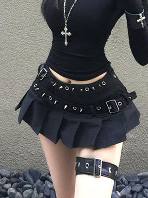 ダブルベルトスタッズデニムミニスカート