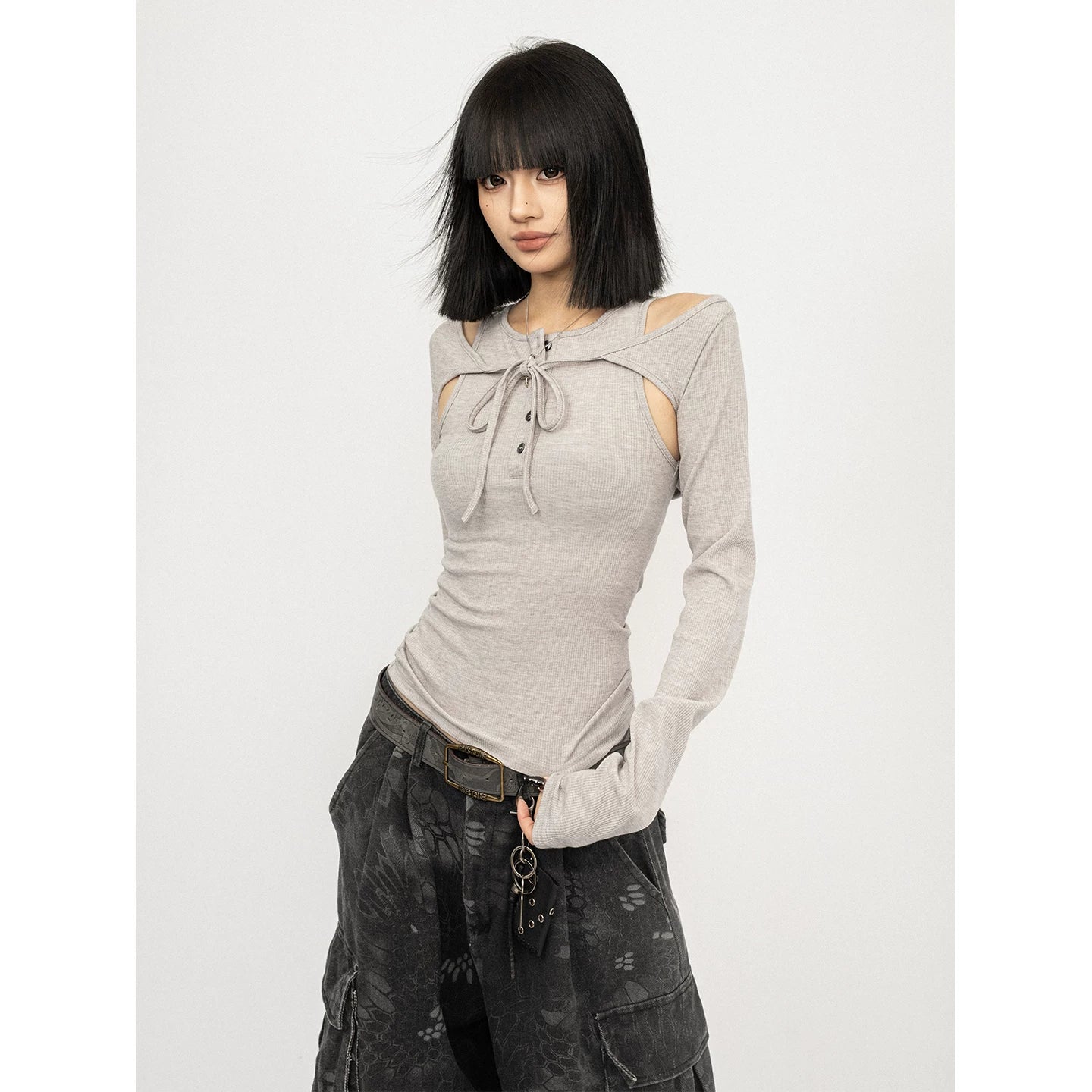 カットアウトリボンリブトップス