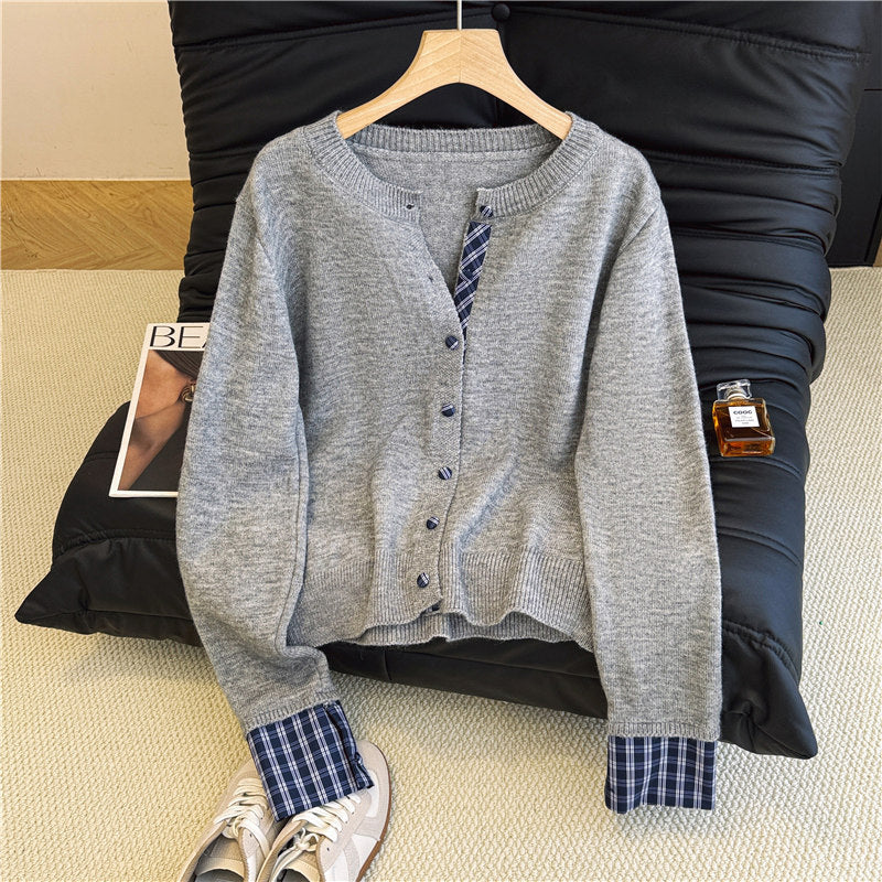 チェックレイヤード風プレッピーニットカーデ