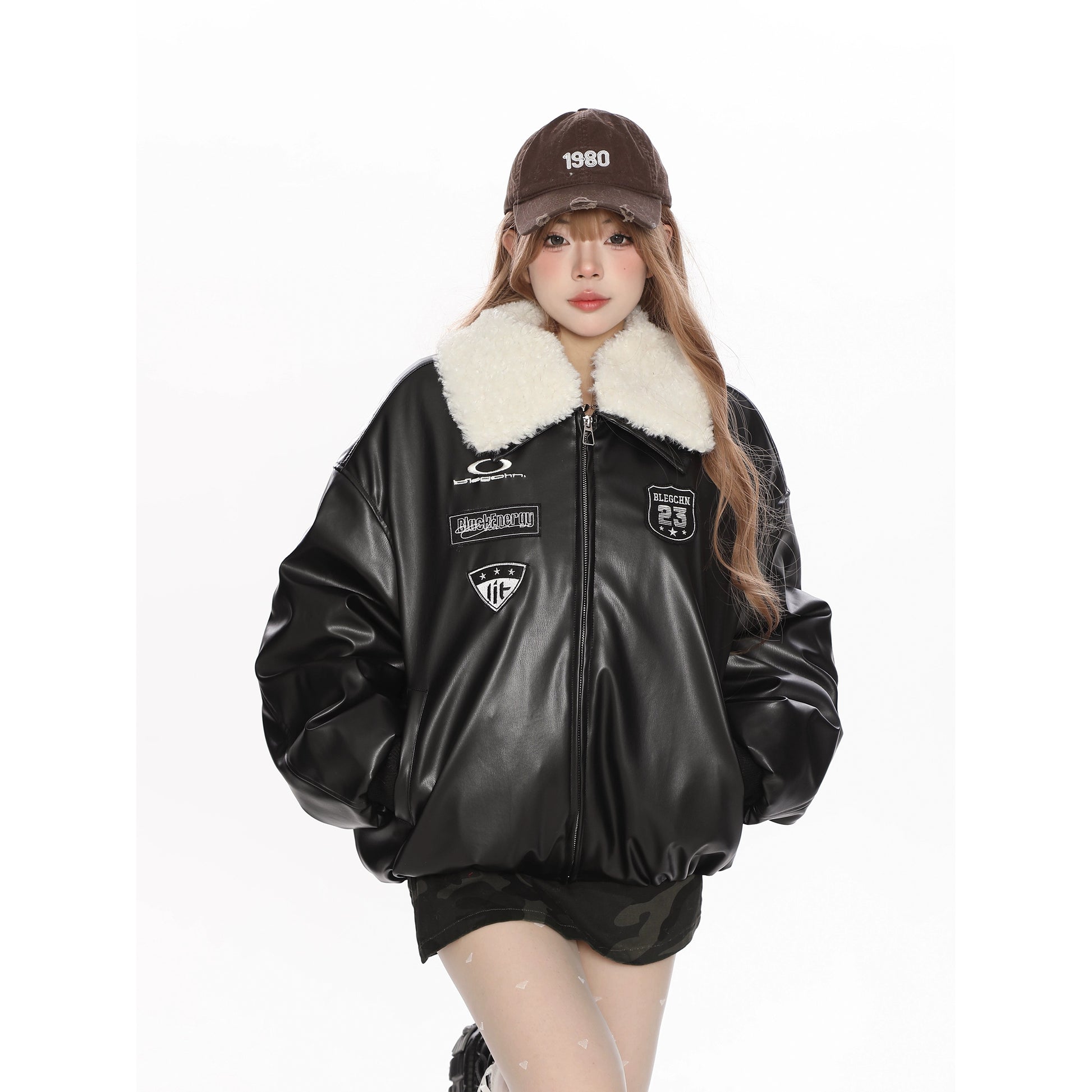 PUレザーオーバーサイズボアジャケット(ファー取り外し可能)