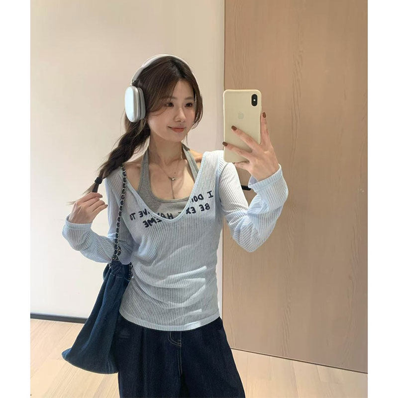 ダブルネック デザインリブトップス