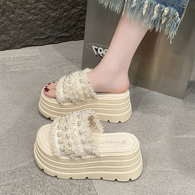 パールストラップ 厚底サンダル