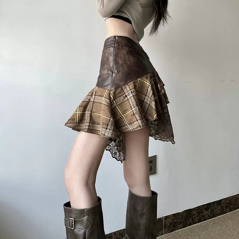 ウエストレザーアシメチェックミニスカート