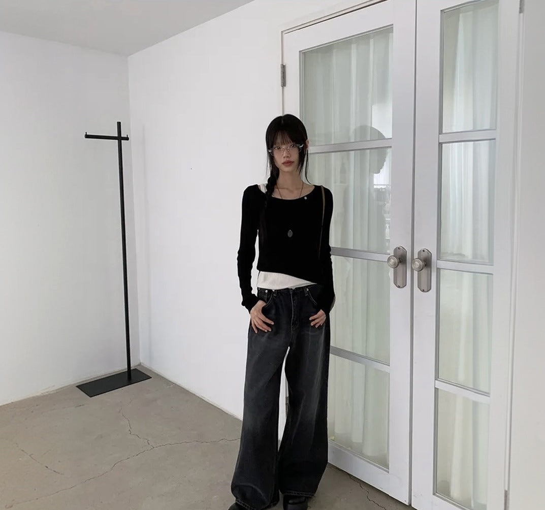 バックデザインウォッシュワイドデニムパンツ
