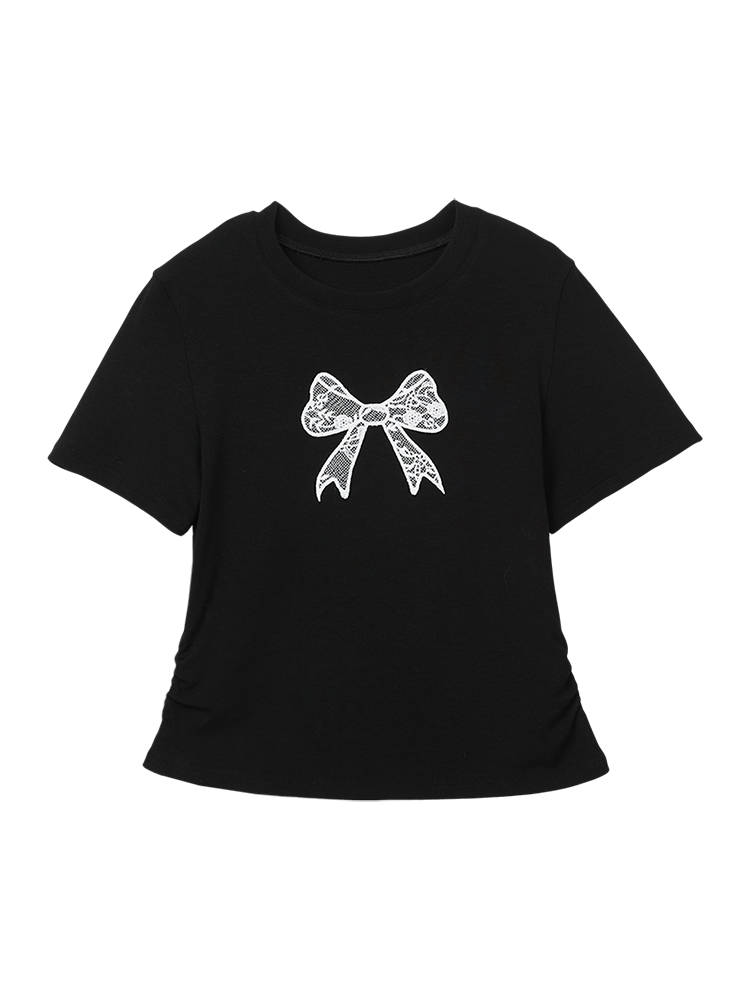 レースリボンプリントクロップドTシャツ