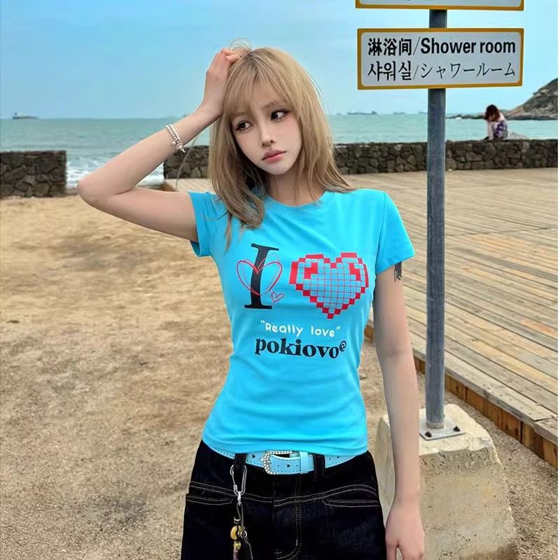 韓国ストリート風 ハートプリントTシャツ