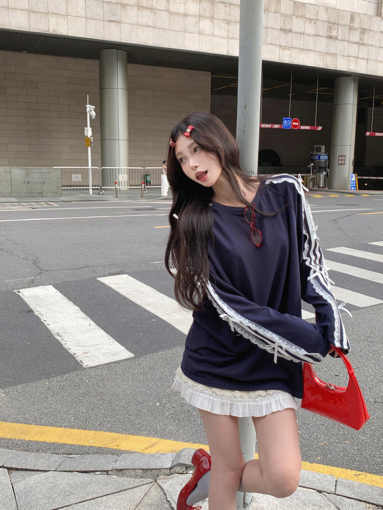 レースリボンラインロングTシャツ V133