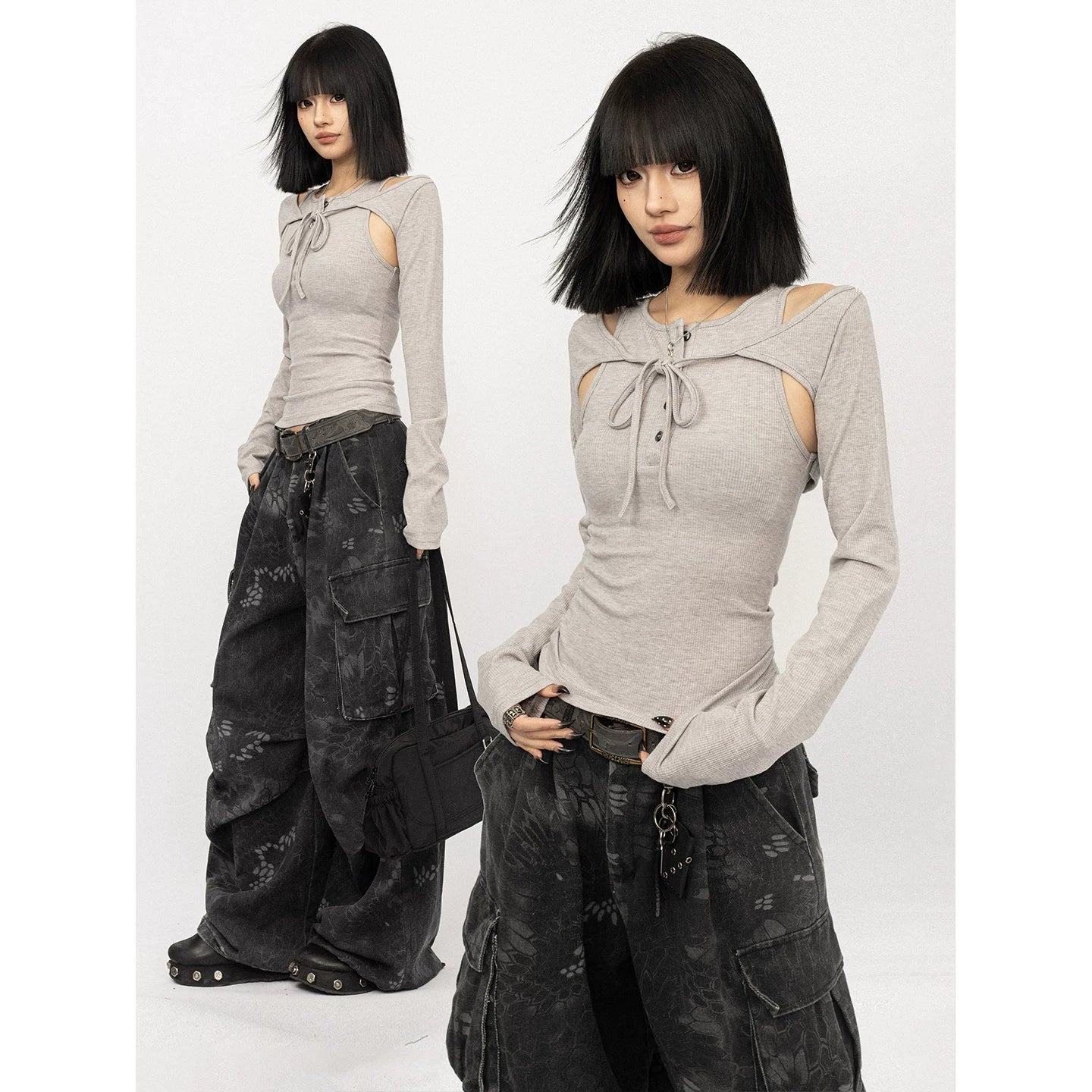 カットアウトリボンリブトップス