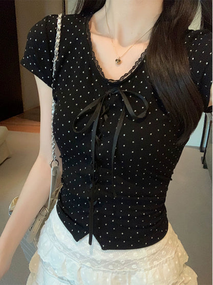 VネックドットレースTシャツ