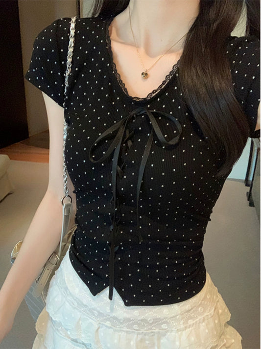 VネックドットレースTシャツ