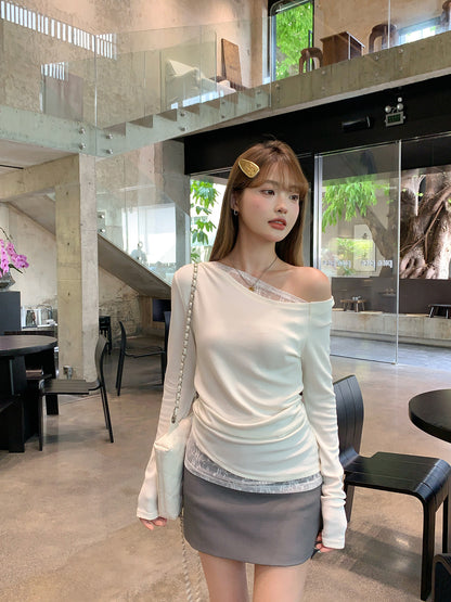 オフショルレースレイヤードロングスリーブTシャツ