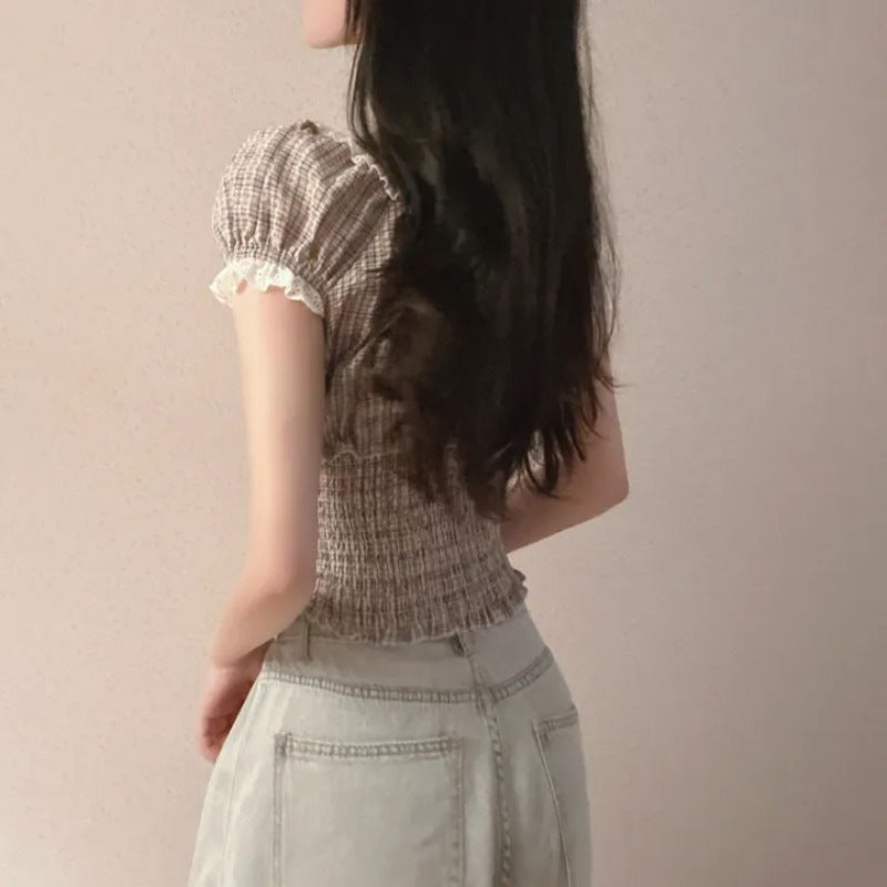 韓国風ガーリーチェックギャザーブラウス