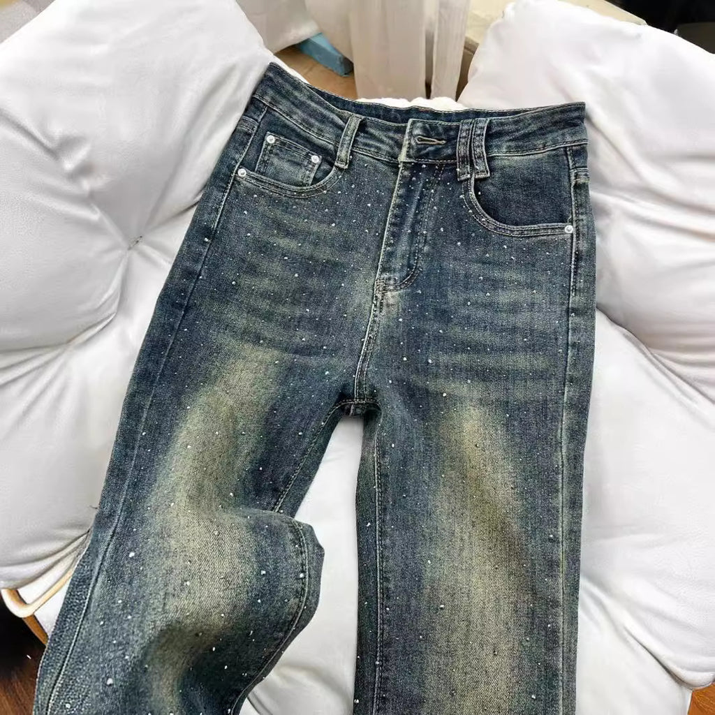 ラインストーンフレアデニムパンツ