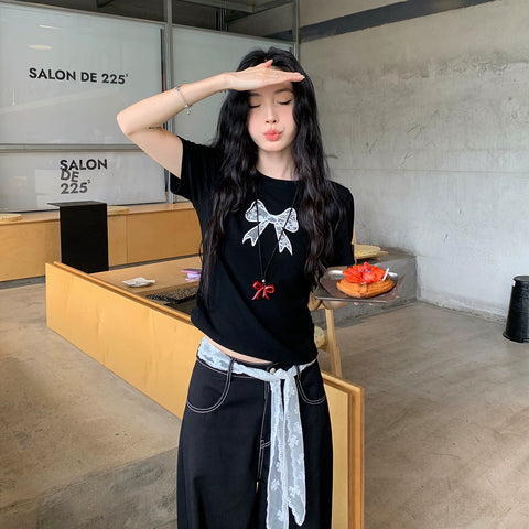レースリボンプリントクロップドTシャツ