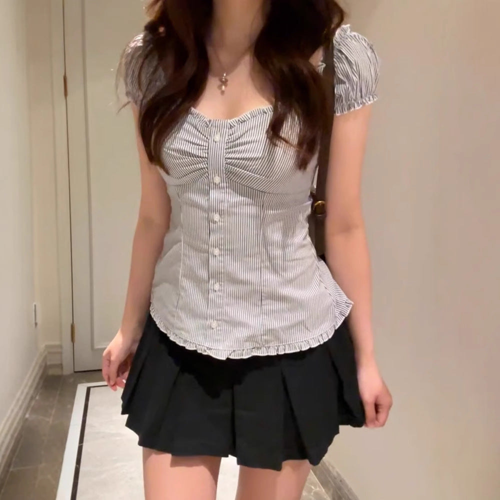 オフショルダーフリル ストライプブラウス