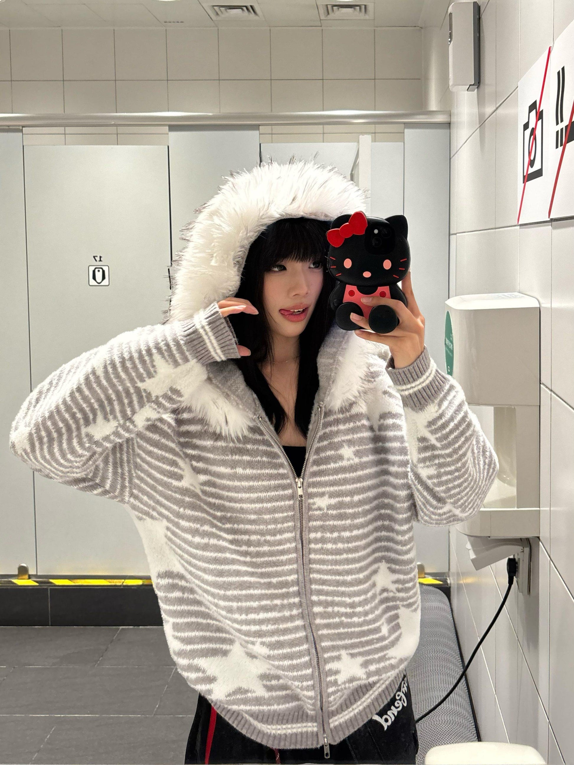 ファーフード ジップアップニットパーカー