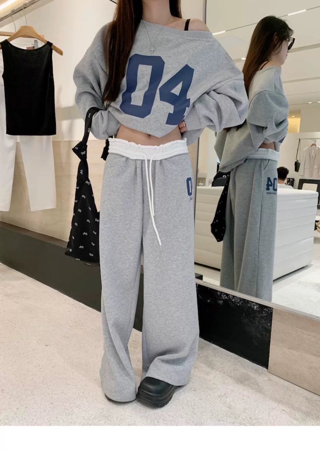 ナンバーオフショルダースウェットセットアップ KDS347 – 100StarS ナンバーオフショルダースウェットセットアップ KDS347 – 100StarS