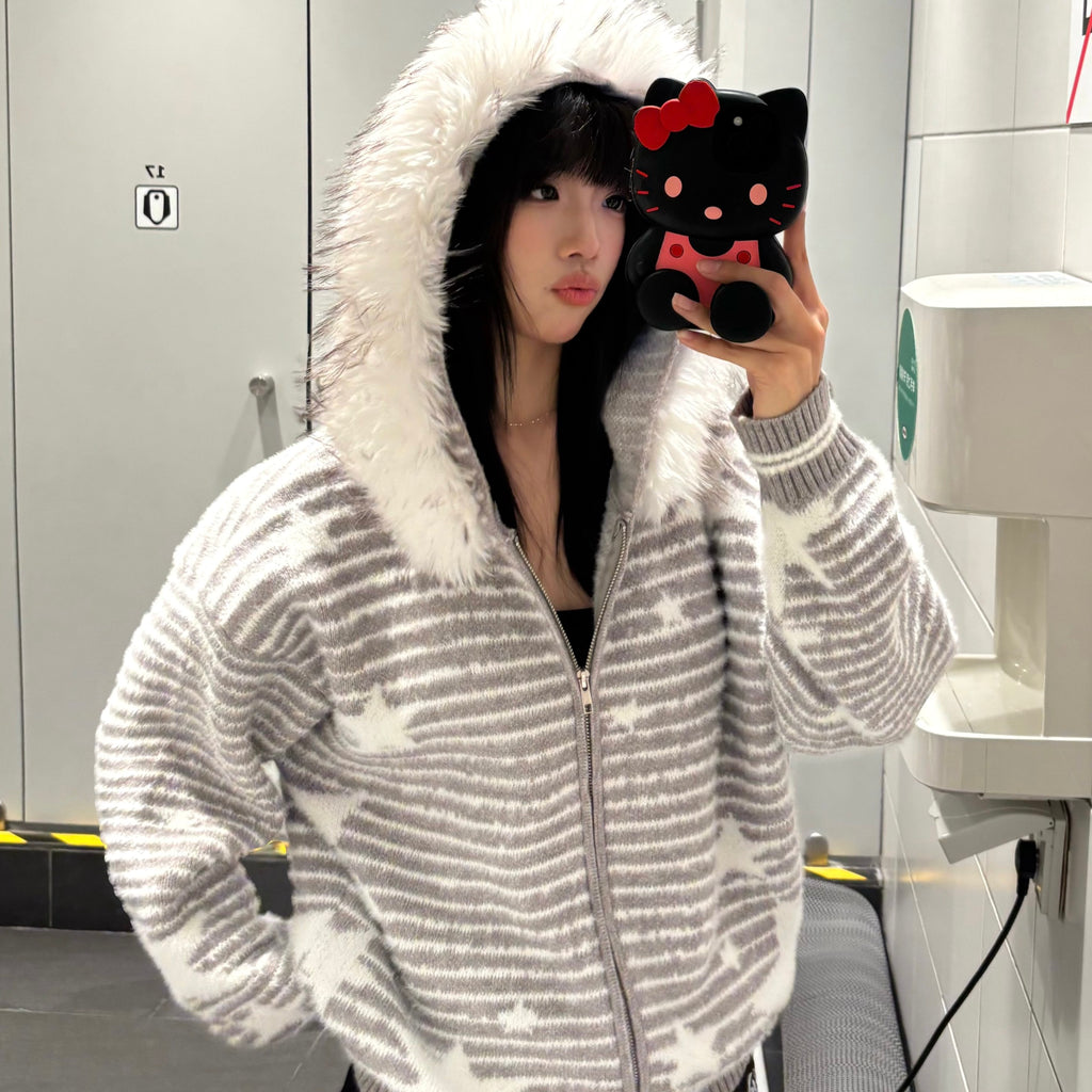 ファーフード ジップアップニットパーカー