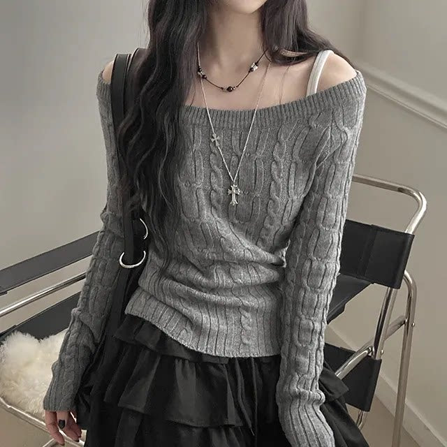 オフショル フィットニットトップス