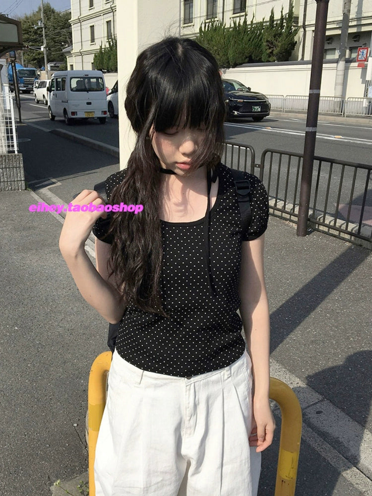 ドットクルーネックストラップTシャツ