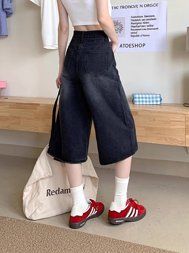 ブラックワイド ハーフデニムパンツ