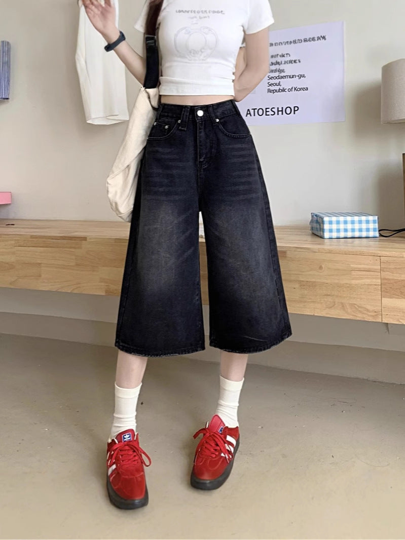 ブラックワイド ハーフデニムパンツ