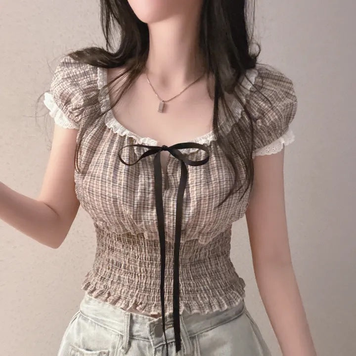 韓国風ガーリーチェックギャザーブラウス