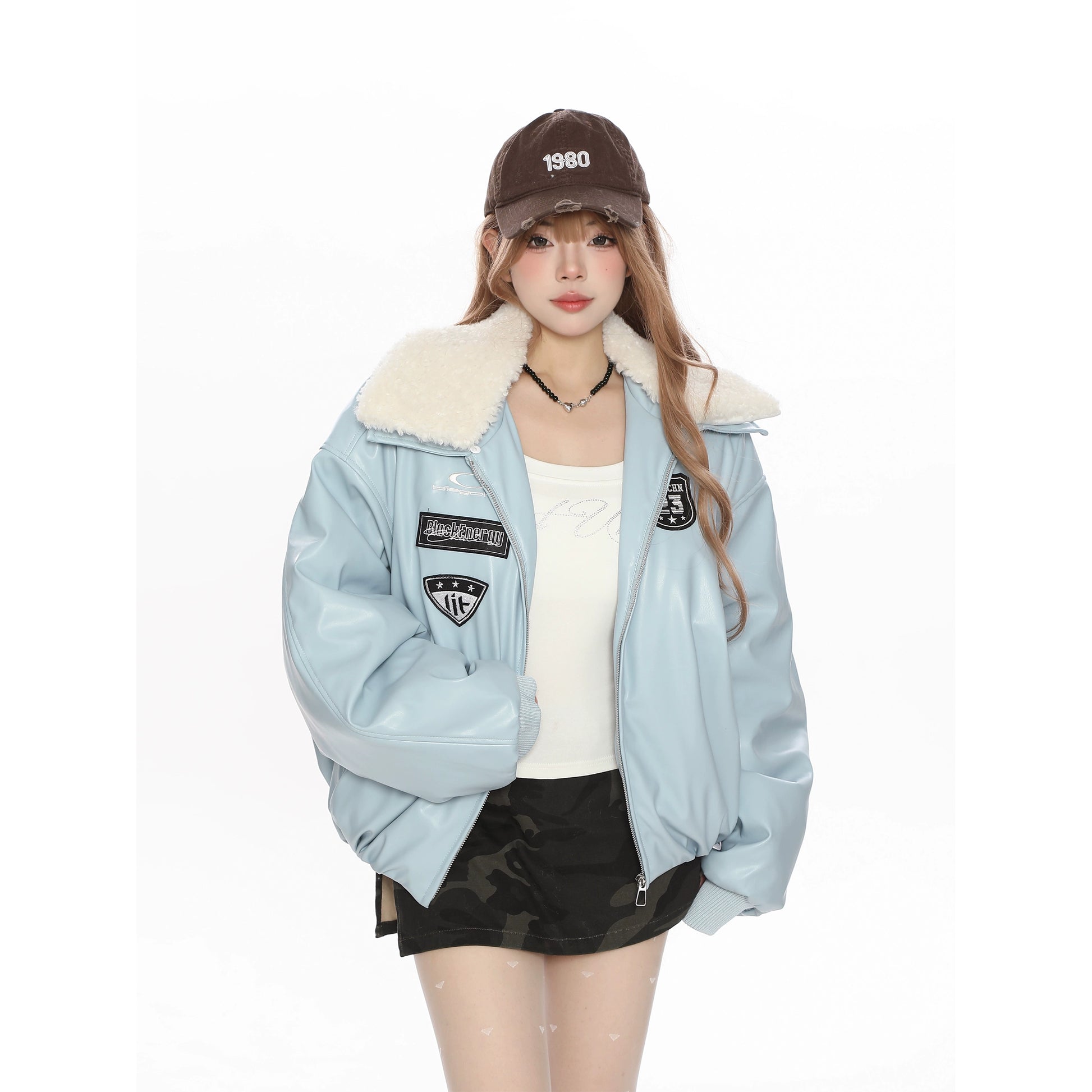 PUレザーオーバーサイズボアジャケット(ファー取り外し可能)