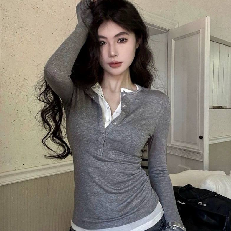 レイヤードヘンリーネック スリムロングT