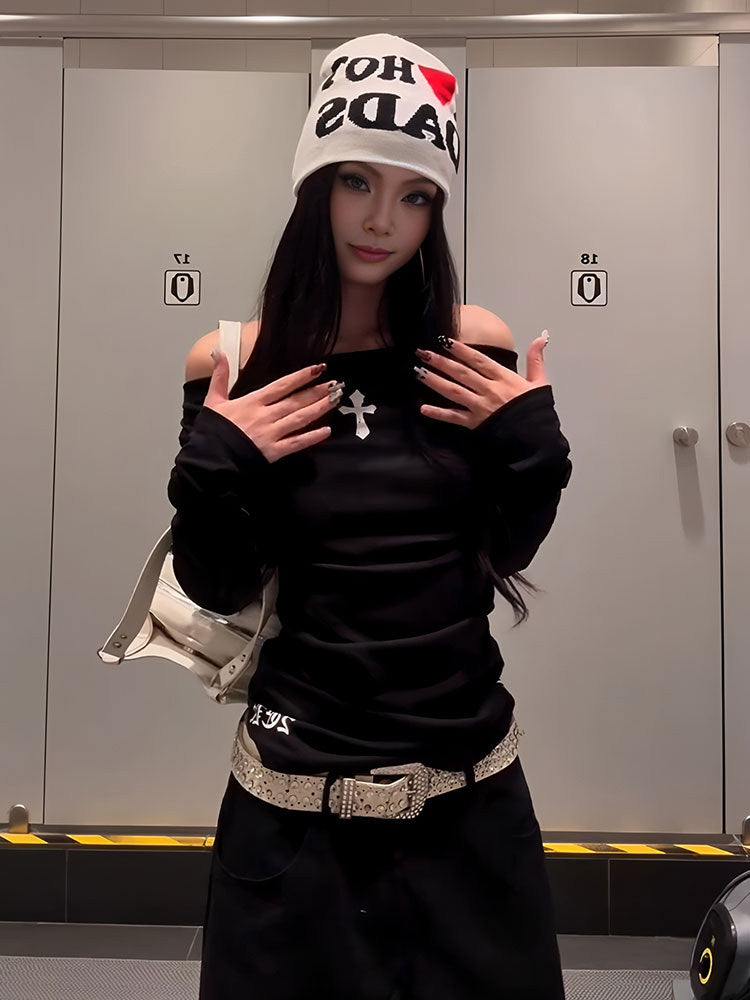 Y2Kクロス オフショルトップス