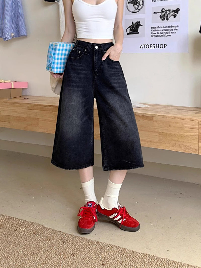 ブラックワイド ハーフデニムパンツ