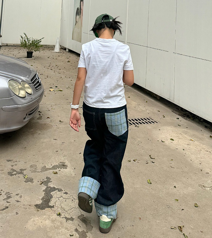 パッチワークポケットワイドデニムパンツ