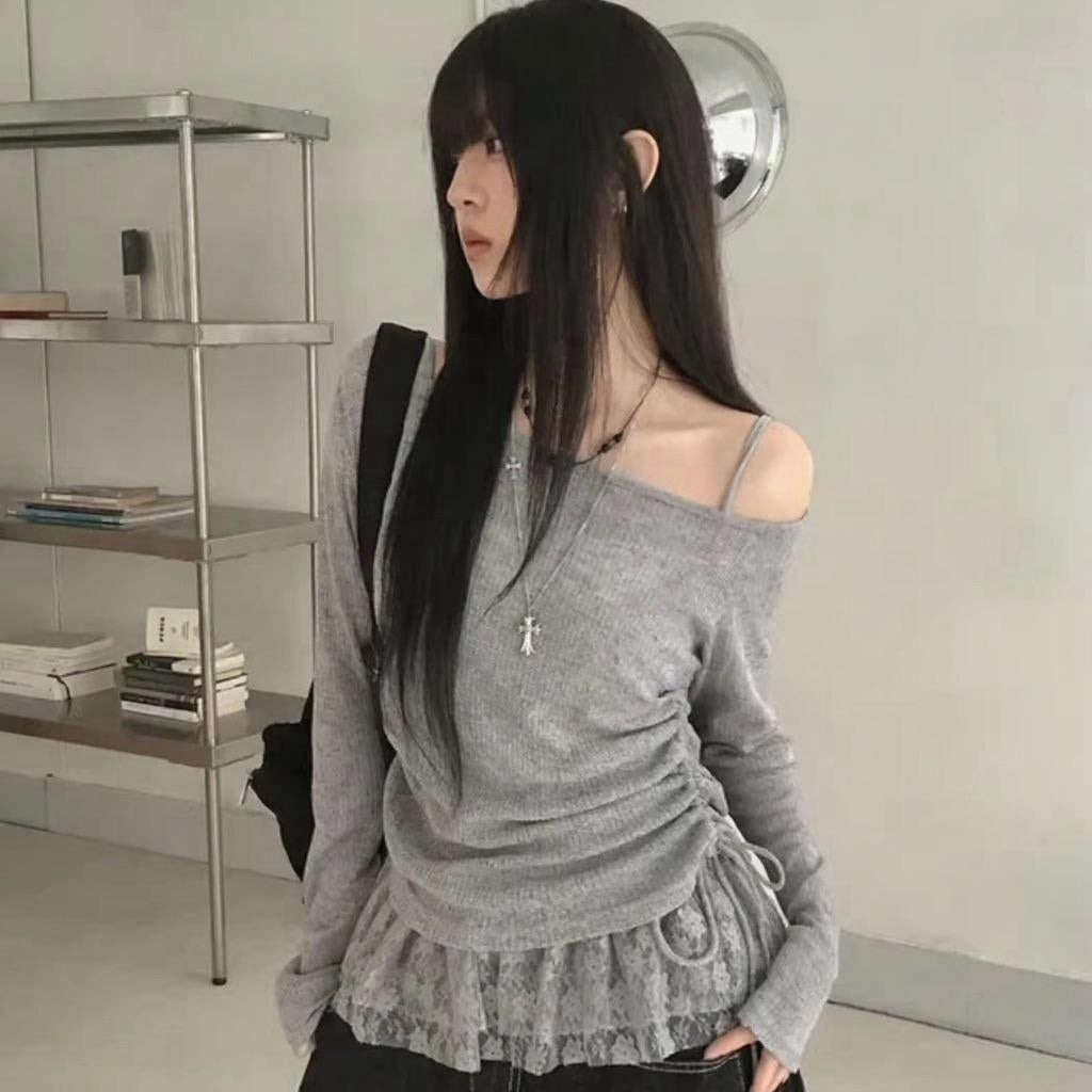 レースヘム ドロストオフショルトップス