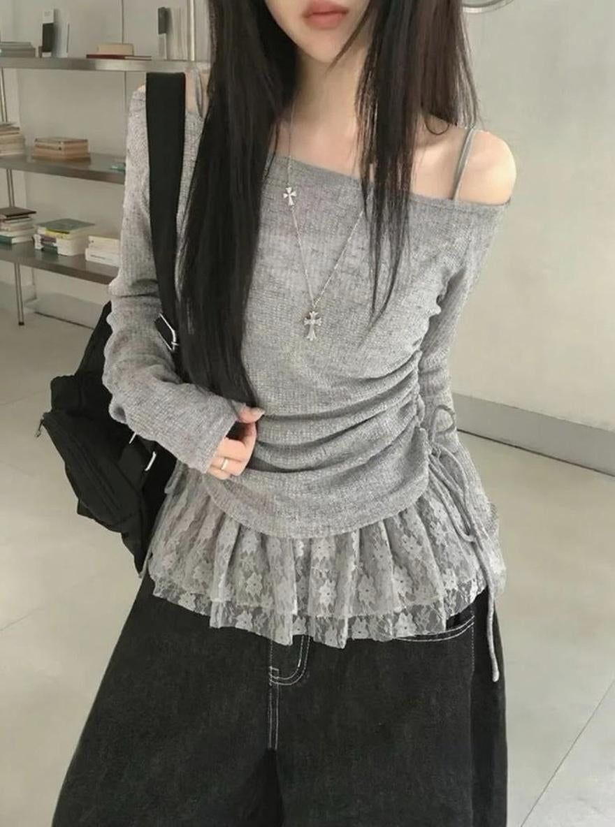 レースヘム ドロストオフショルトップス