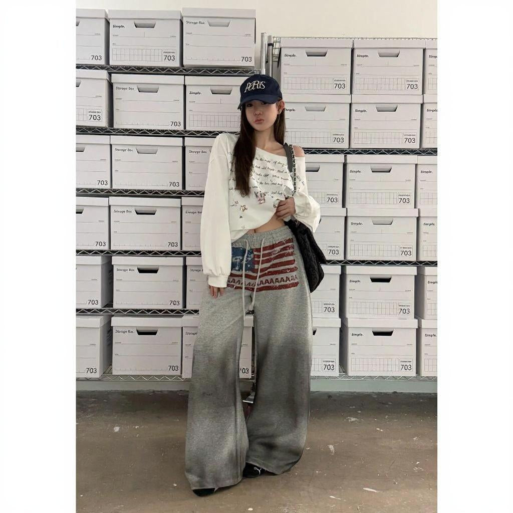 ヴィンテージUSAフラッグ ワイドスウェットパンツ